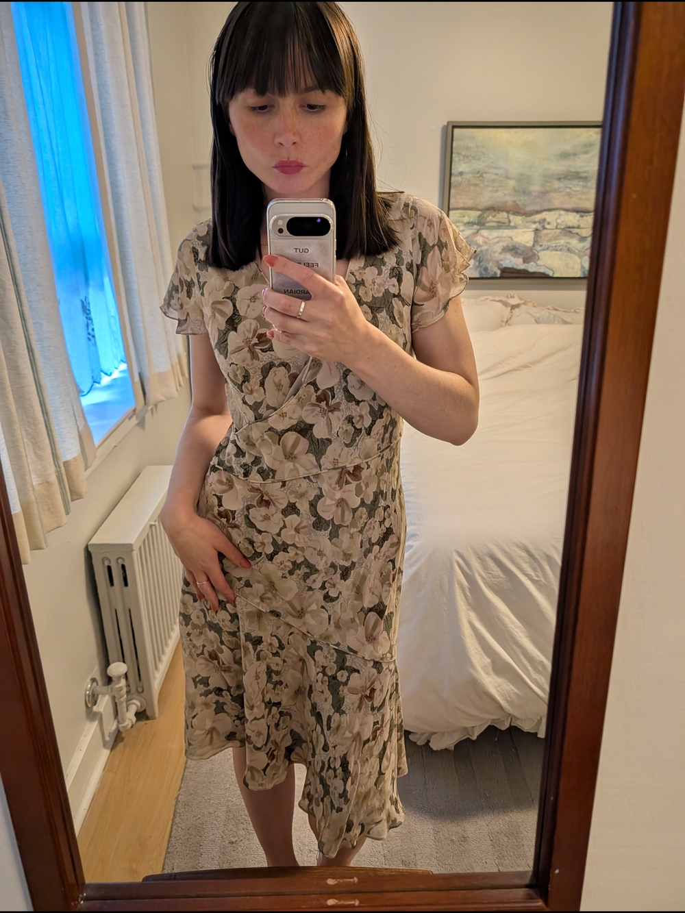 Silk florak v-neck wrap dress in soft blush and olive